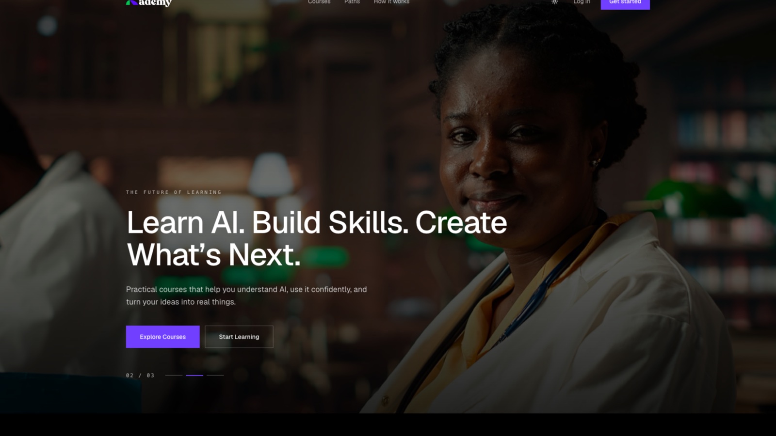 The Kademy home page: “Learn AI. Build Skills. Create What’s Next.”