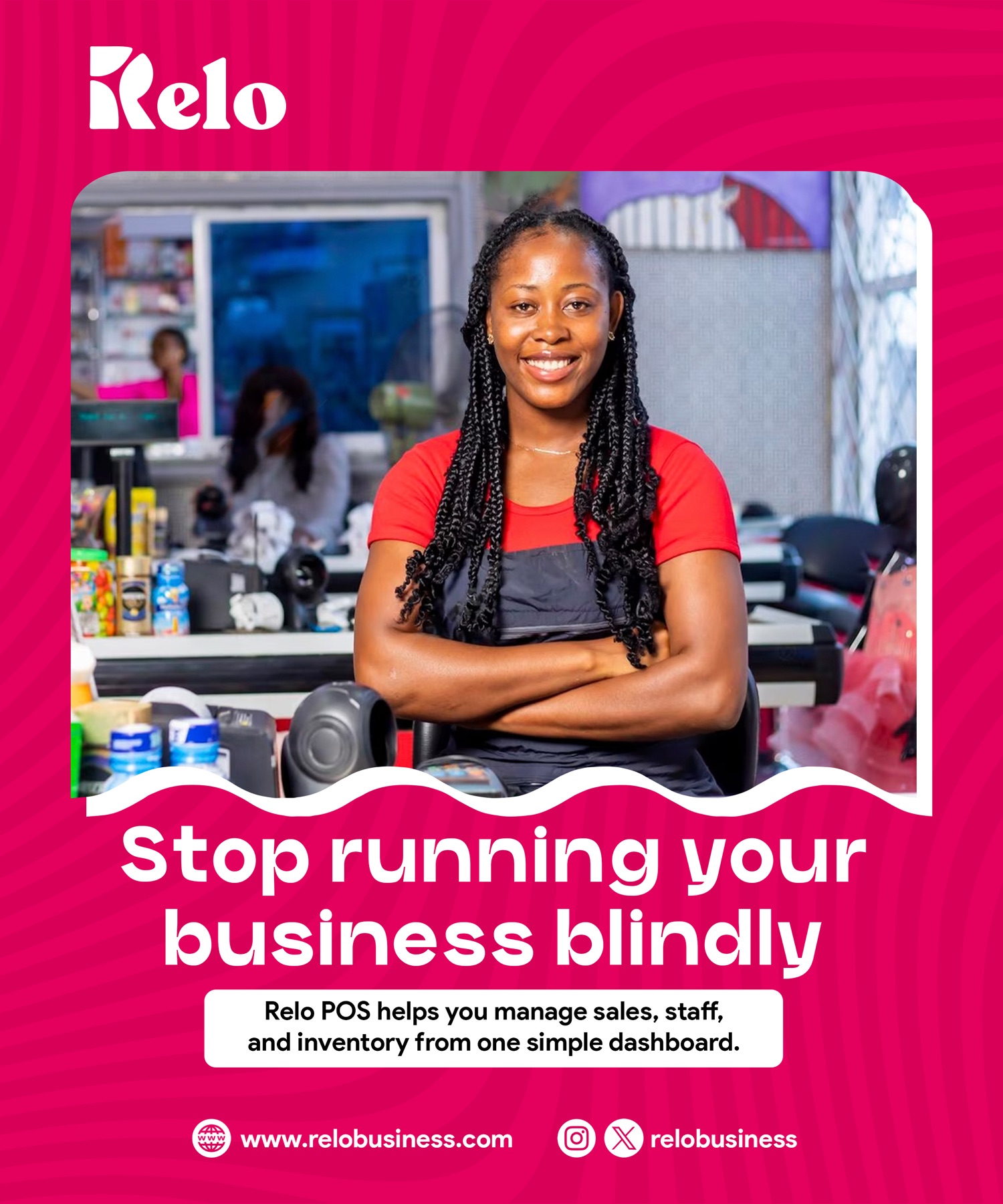 RELO campaign poster: a shop owner at her counter, with the line “Stop running your business blindly”